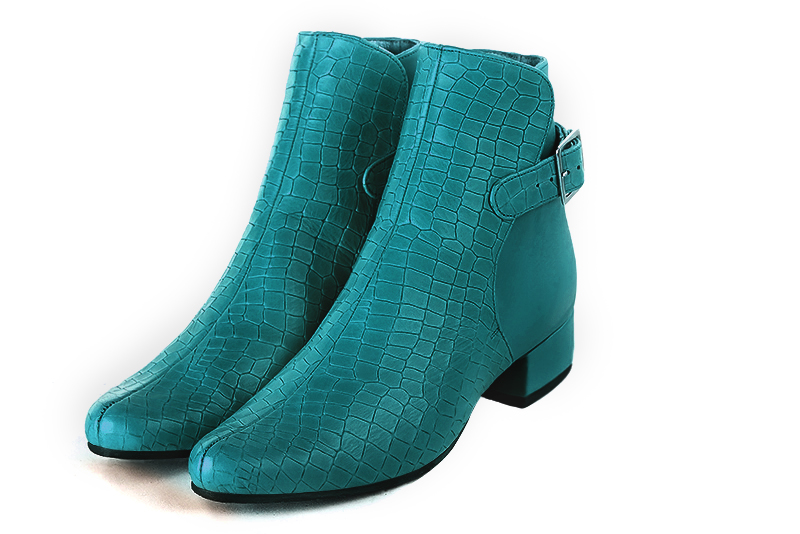 Turquoise blue women's ankle boots with buckles at the back. Round toe. Low block heels. Front view - Florence KOOIJMAN